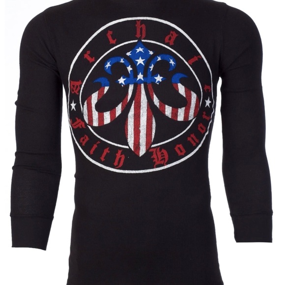 Archaic by Affliction Men's Thermal Shirt BORN PATRIOT Skull Biker Black - Picture 2 of 8